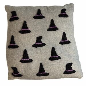 Gray Wool Pillow with Black & Purple Witch Hat Design